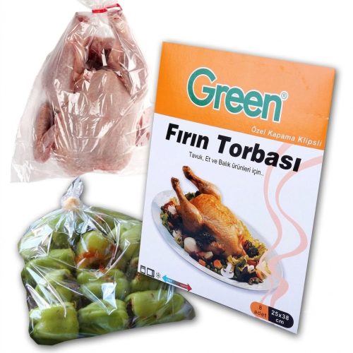 Green Fırın Torbası 8'li 20 Paket (25x38 cm) Klipsli Tavuk Ve Sebze Pişirme Poşeti