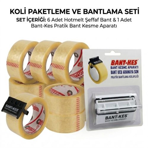 6 Adet Hotmelt Şeffaf Koli Bandı 45 mm x 100 m ve Bant-Kes Pratik Bant Kesme Aparatı Seti