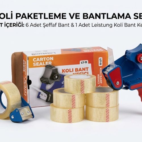 Koli Bandı Seti 6 Adet 45 mm x 100 m Hotmelt Şeffaf Koli Bandı ve 1 Adet Koli Bant Kesme Makinesi Seti
