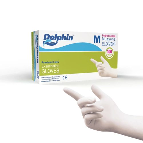 Dolphin Pudralı Beyaz Lateks Muayene Eldiveni M Beden (1 Paket / 100 Adet)