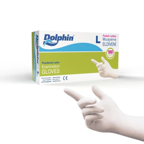 Dolphin Pudralı Beyaz Lateks Muayene Eldiveni L Beden (1 Paket / 100 Adet)